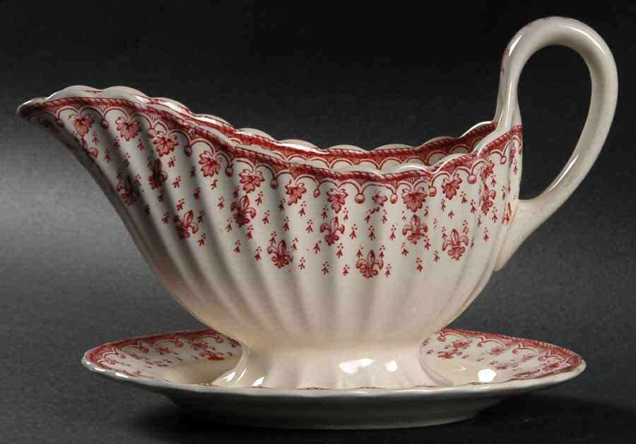 Fleur de Lys Red (Earthenware, No Trim) Gravy Boat with Attached Underplate by Spode-1