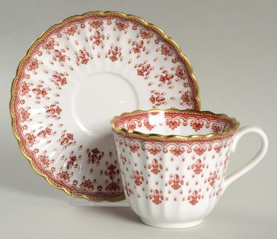 Fleur de Lys Red (Bone, Gold Trim) Flat Cup & Saucer Set by Spode-1