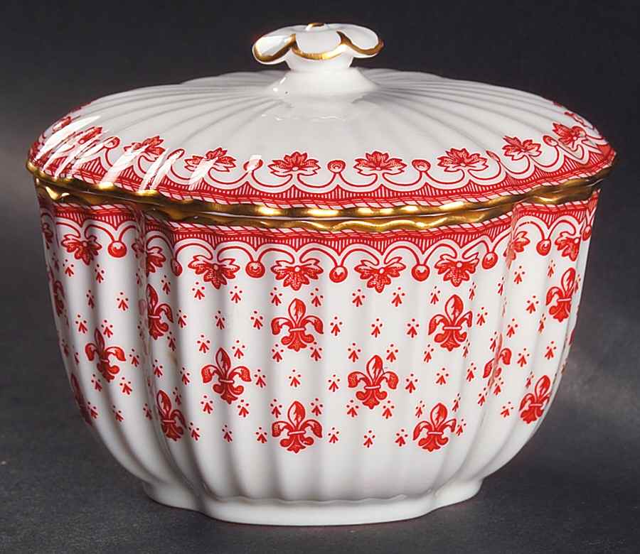 Fleur de Lys Red (Bone, Gold Trim) Sugar Bowl & Lid by Spode-1