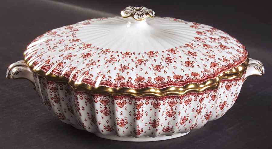 Fleur de Lys Red (Bone, Gold Trim) Round Covered Vegetable by Spode-1