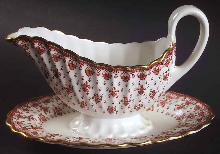 Fleur de Lys Red (Bone, Gold Trim) Gravy Boat with Attached Underplate by Spode-1