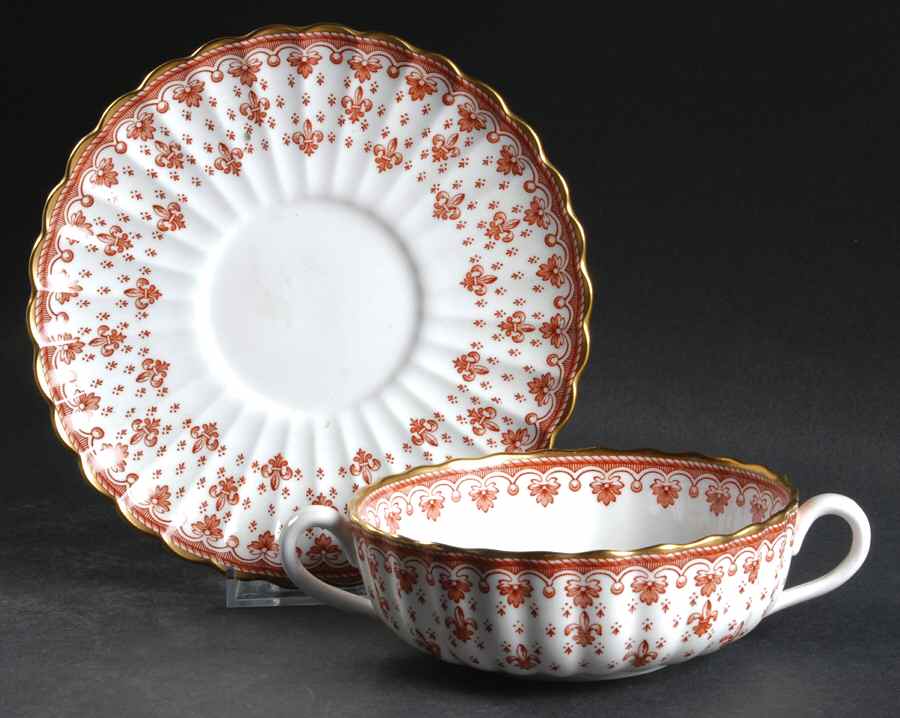 Fleur de Lys Red (Bone, Gold Trim) Flat Cream Soup Bowl by Spode-1