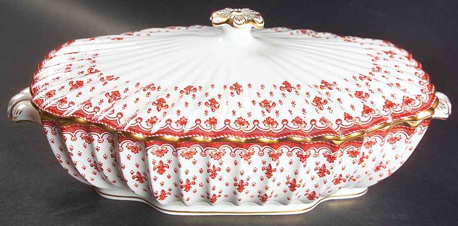 Fleur de Lys Red (Bone, Gold Trim) Oval Covered Vegetable by Spode-1
