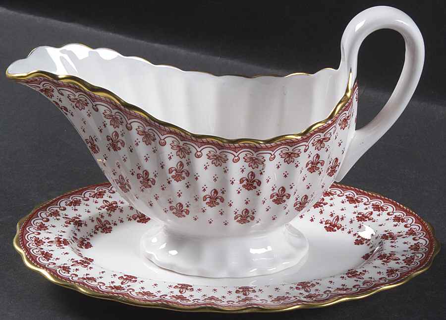 Fleur de Lys Red (Bone, Gold Trim) Gravy Boat & Underplate/Relish by Spode-1