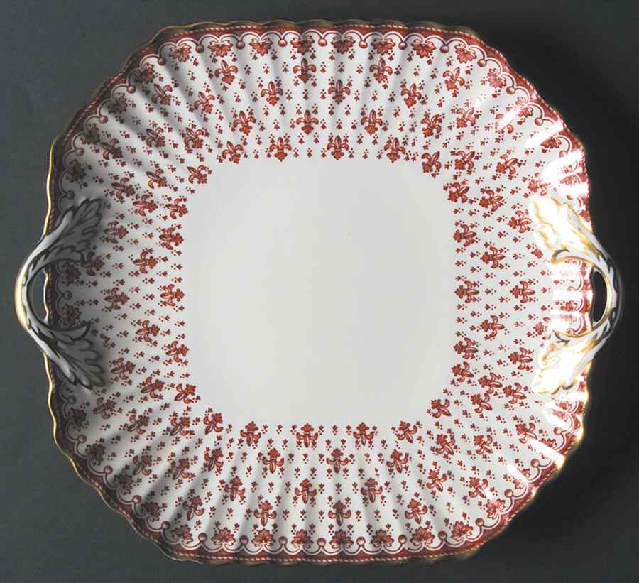 Fleur de Lys Red (Bone, Gold Trim) Square Handled Cake Plate by Spode-1