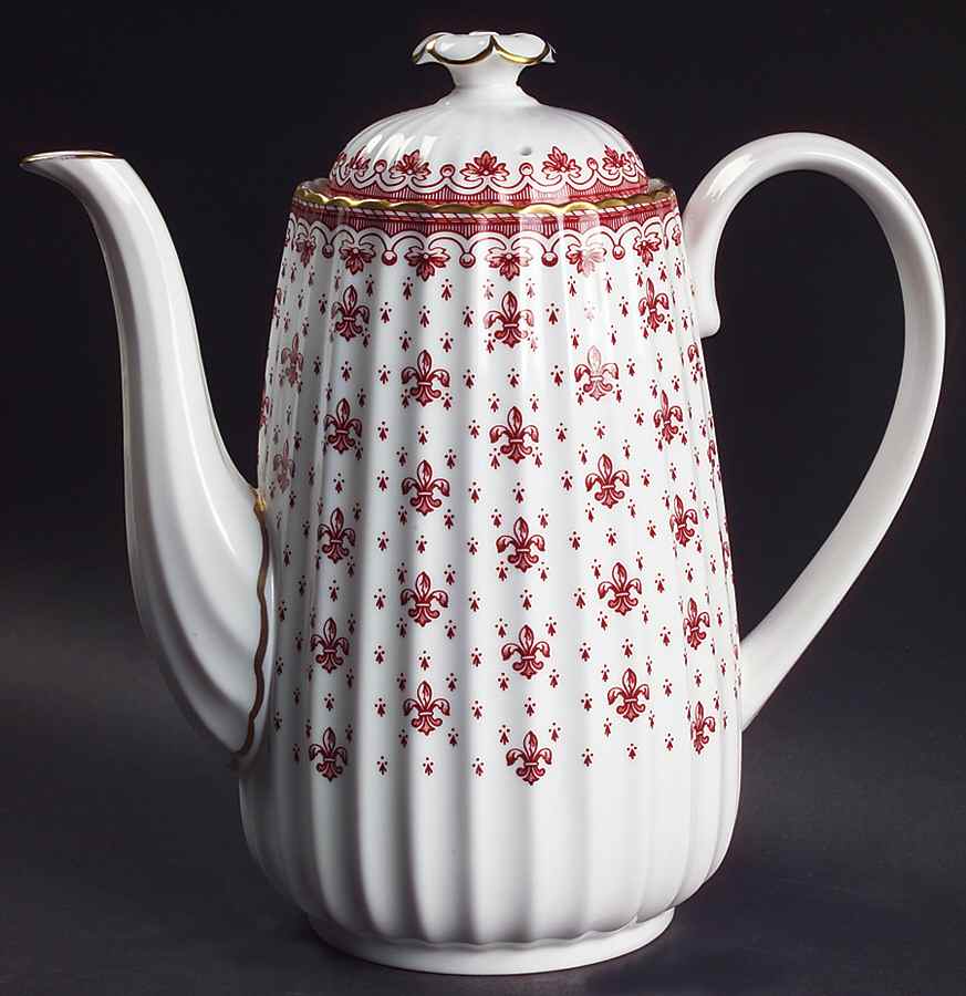 Fleur de Lys Red (Bone, Gold Trim) Coffee Pot & Lid by Spode-1