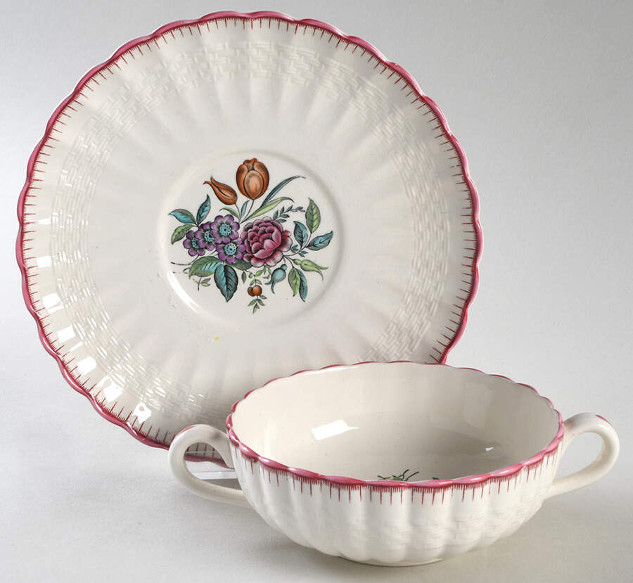 French Flowers Flat Cream Soup Bowl & Saucer Set by Spode-1