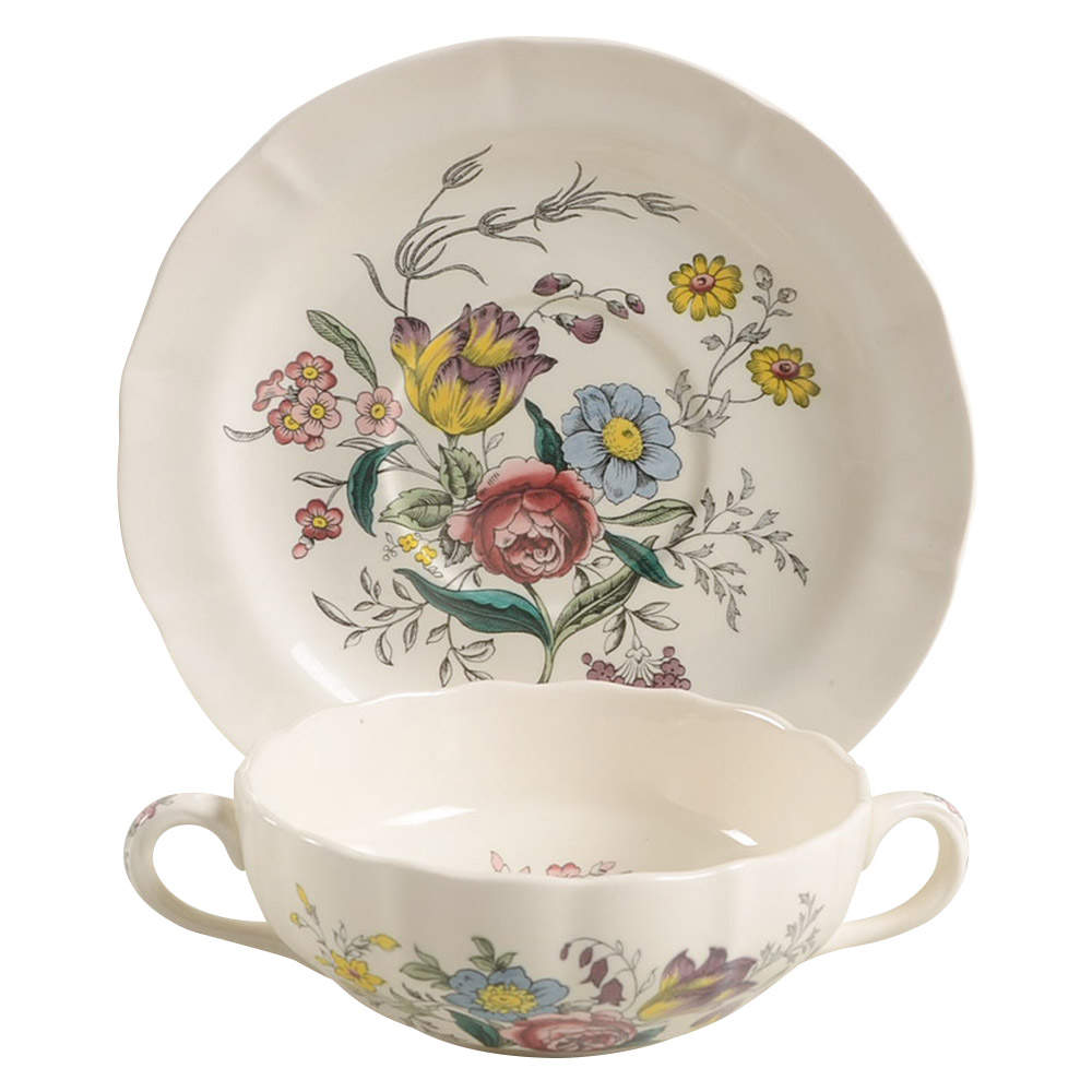 Gainsborough (Marlborough) Flat Cream Soup Bowl & Saucer Set by Spode-1