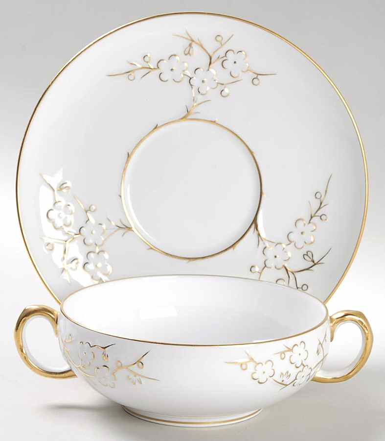Geisha Gold (Gold Flowers, Gold Trim) Flat Cream Soup Bowl & Saucer Set by Spode-1