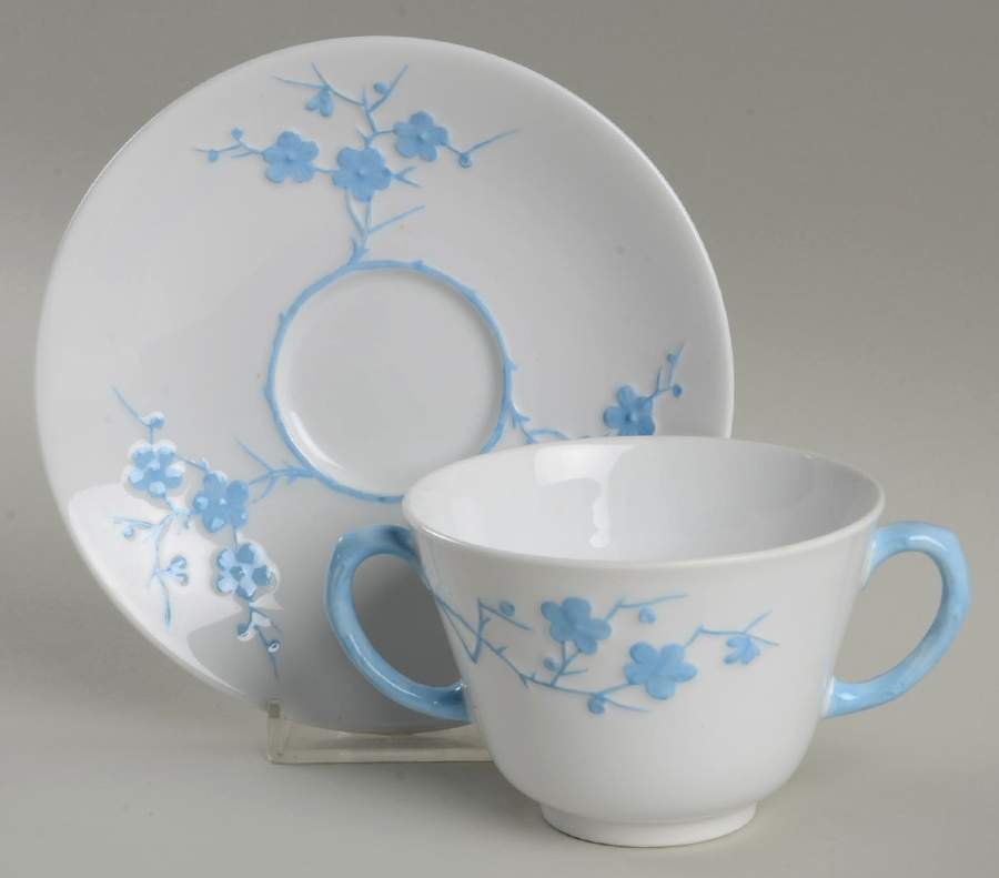 Geisha Light Blue (No Gold Accents) Footed Bouillon Cup & Saucer by Spode-1