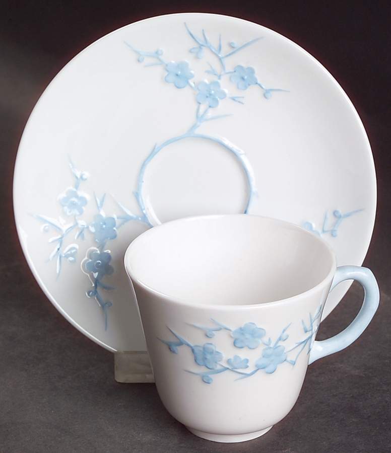 Geisha Light Blue (No Gold Accents) Footed Demitasse Cup & Saucer Set by Spode-1