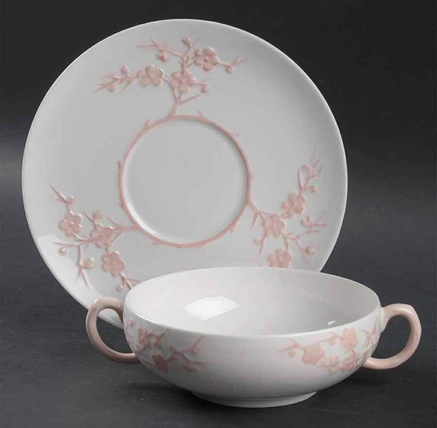 Geisha Light Pink Flat Cream Soup Bowl & Saucer Set by Spode-1