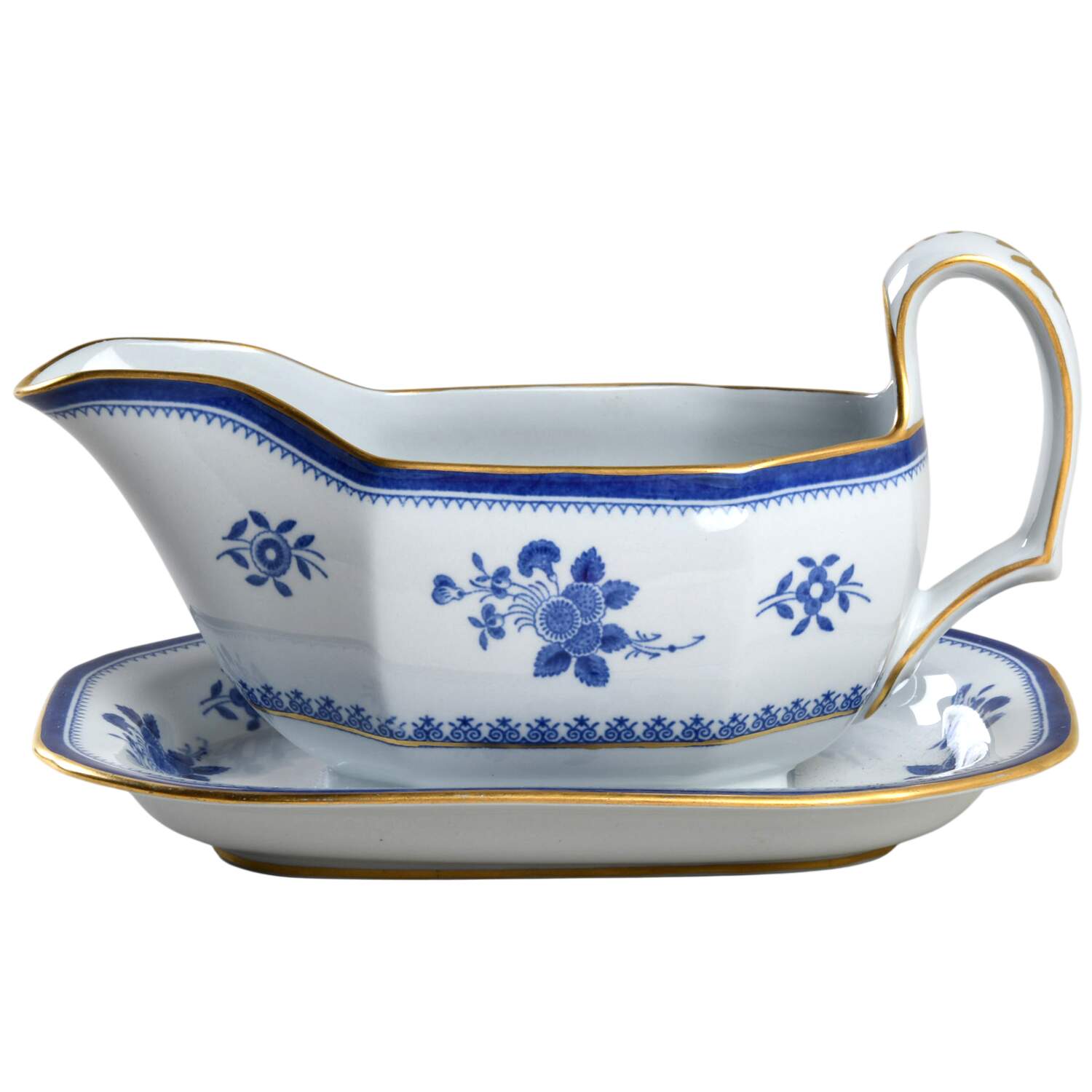 Gloucester Blue (Gold Trim and Verge) Gravy Boat with Attached Underplate by Spode-1