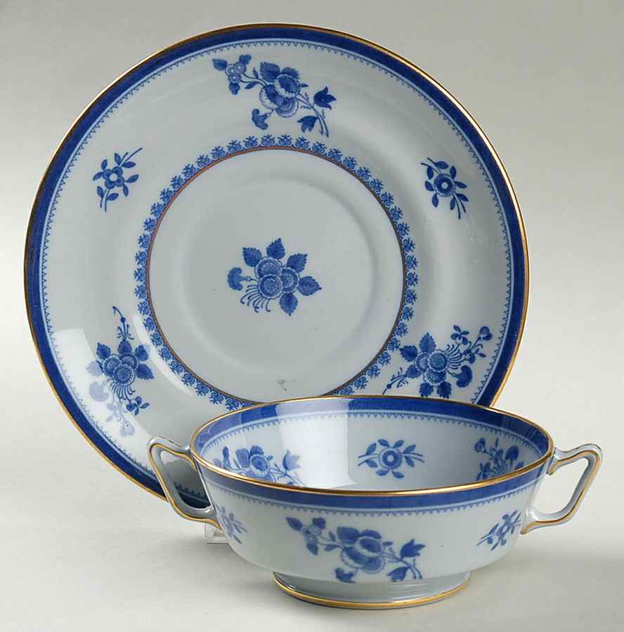 Gloucester Blue (Gold Trim and Verge) Footed Cream Soup Bowl & Saucer Set by Spode-1