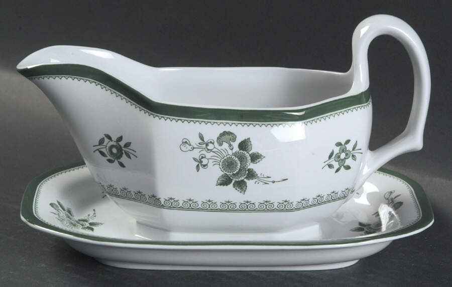 Gloucester Green (Fine Stone) Gravy Boat with Attached Underplate by Spode-1