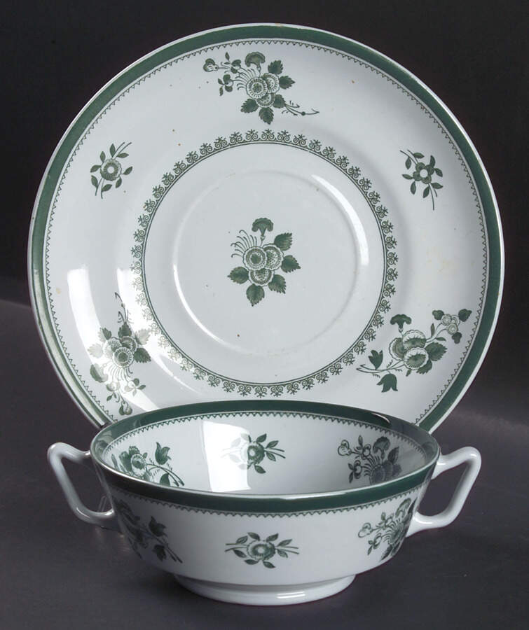 Gloucester Green (Fine Stone) Footed Cream Soup Bowl & Saucer Set by Spode-1