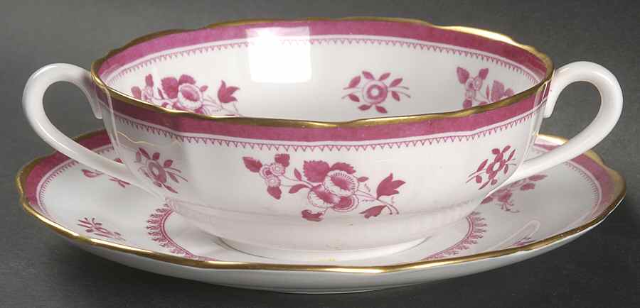 Gloucester Red (Bone) Footed Cream Soup Bowl & Saucer Set by Spode-1