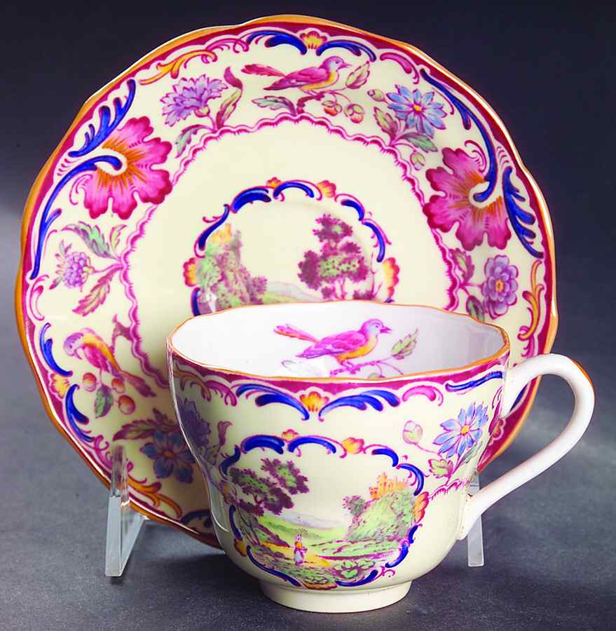 Gobelin (Scalloped, Yellow Trim) Flat Cup & Saucer Set by Spode-1