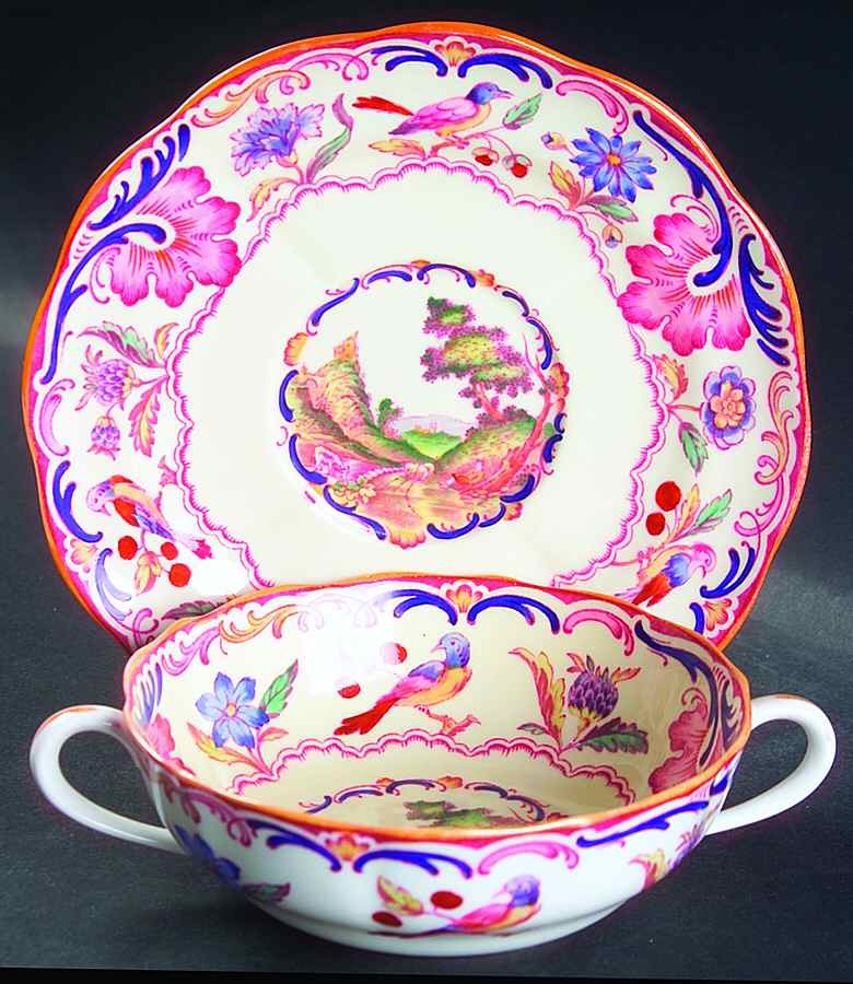 Gobelin (Scalloped, Yellow Trim) Flat Cream Soup Bowl & Saucer Set by Spode-1