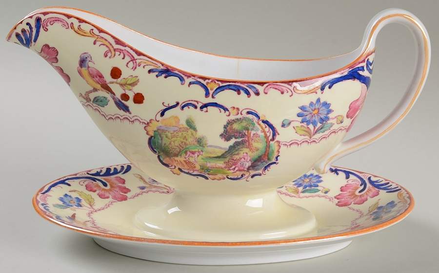 Gobelin (Scalloped, Yellow Trim) Gravy Boat with Attached Underplate by Spode-1