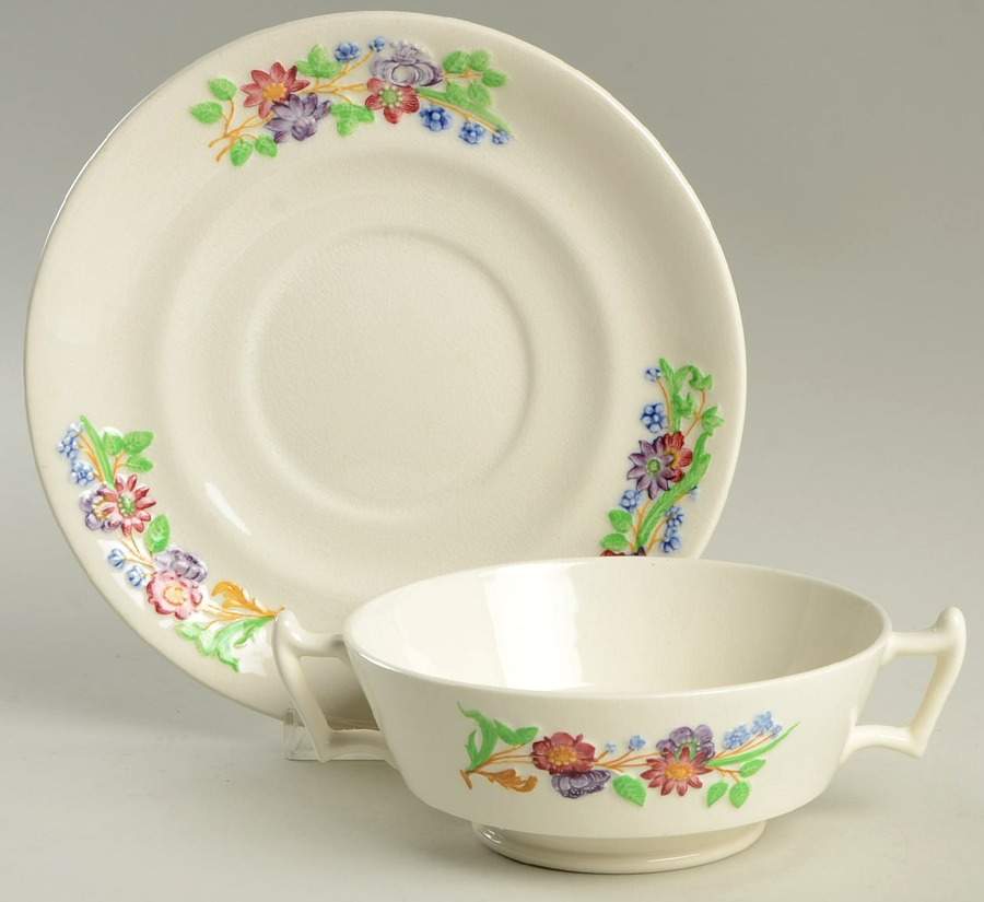 Golden State Footed Cream Soup Bowl & Saucer Set by Spode-1