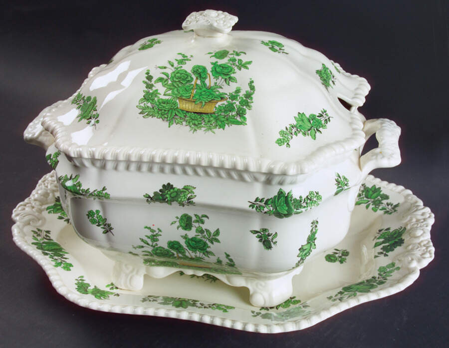 Green Basket (Earthenware, Gadroon, Not Trim) Tureen & Lid w/Underplate by Spode-1