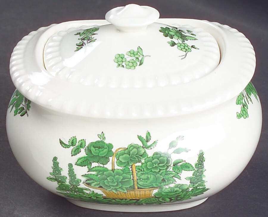Green Basket (Earthenware, Gadroon, Not Trim) Sugar Bowl & Lid by Spode-1