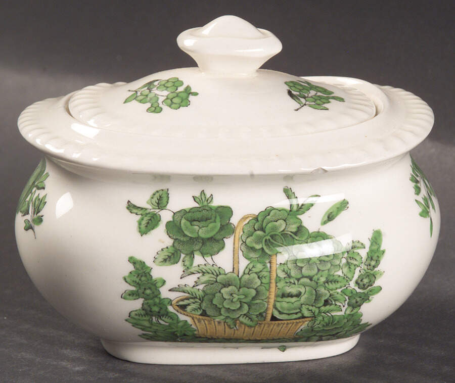 Green Basket (Earthenware, Gadroon, Not Trim) Mini Sugar Bowl & Lid by Spode-1