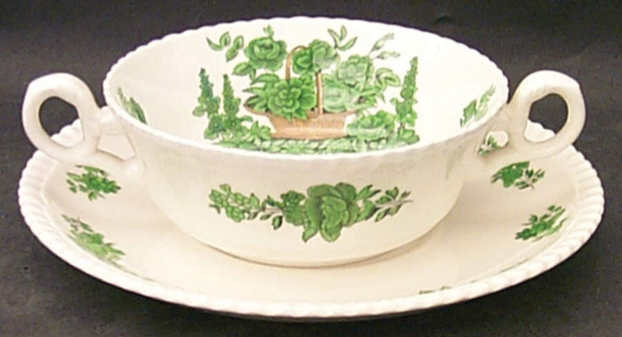 Green Basket (Earthenware, Gadroon, Not Trim) Flat Cream Soup Bowl & Saucer Set by Spode-1