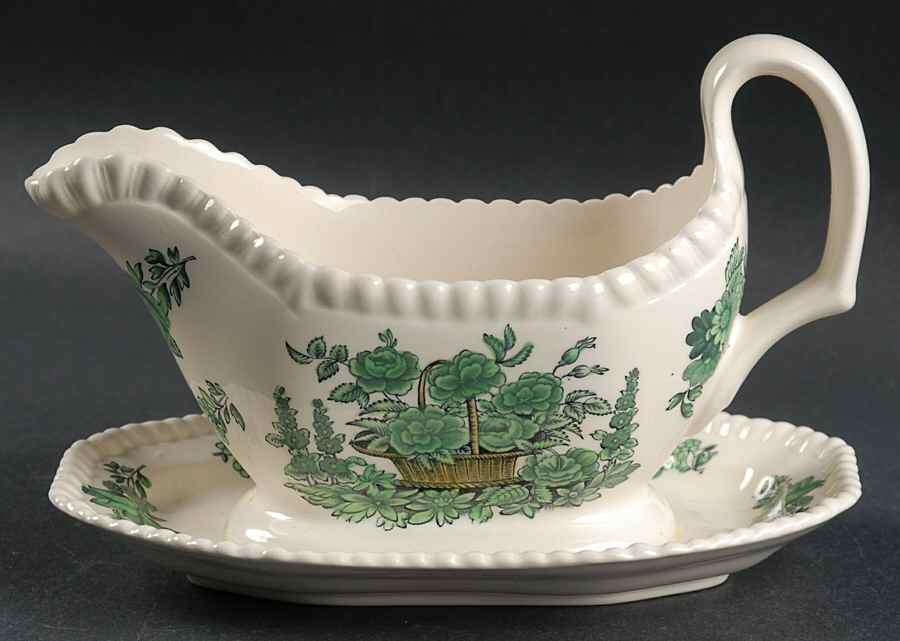 Green Basket (Earthenware, Gadroon, Not Trim) Gravy Boat with Attached Underplate by Spode-1