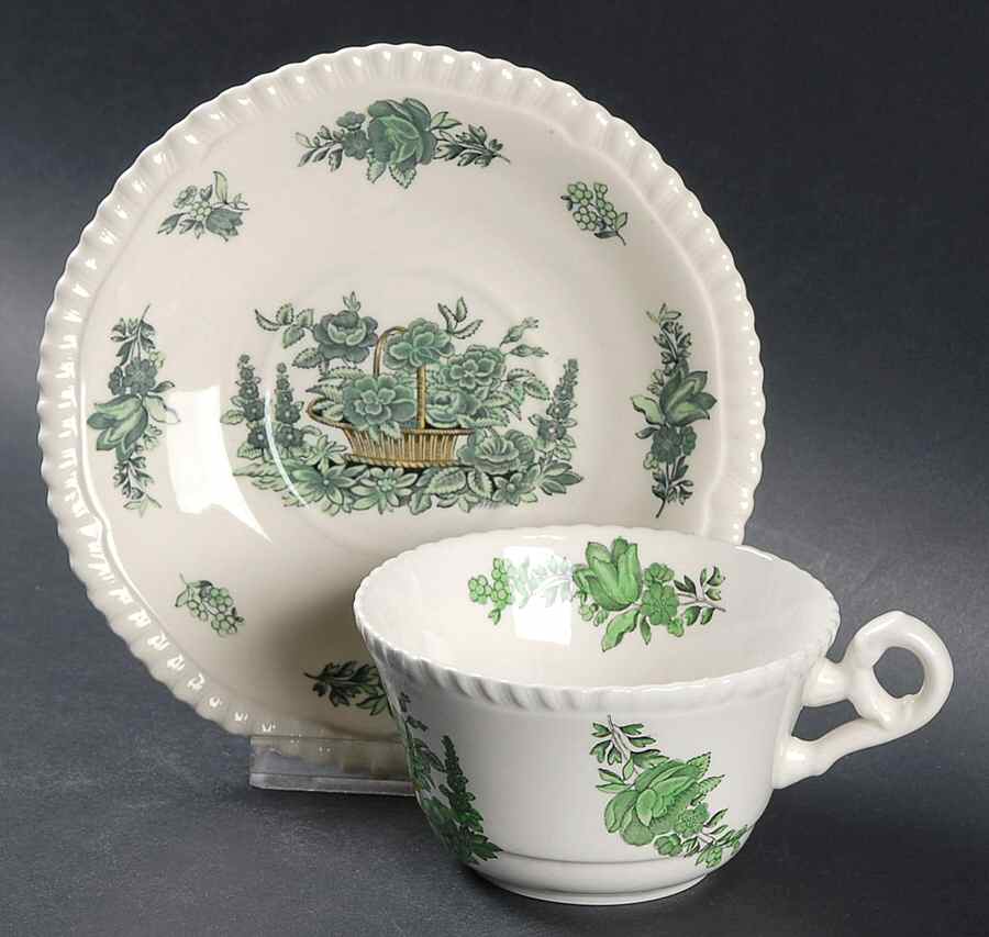 Green Basket (Earthenware, Gadroon, Not Trim) Flat Cup & Saucer Set by Spode-1