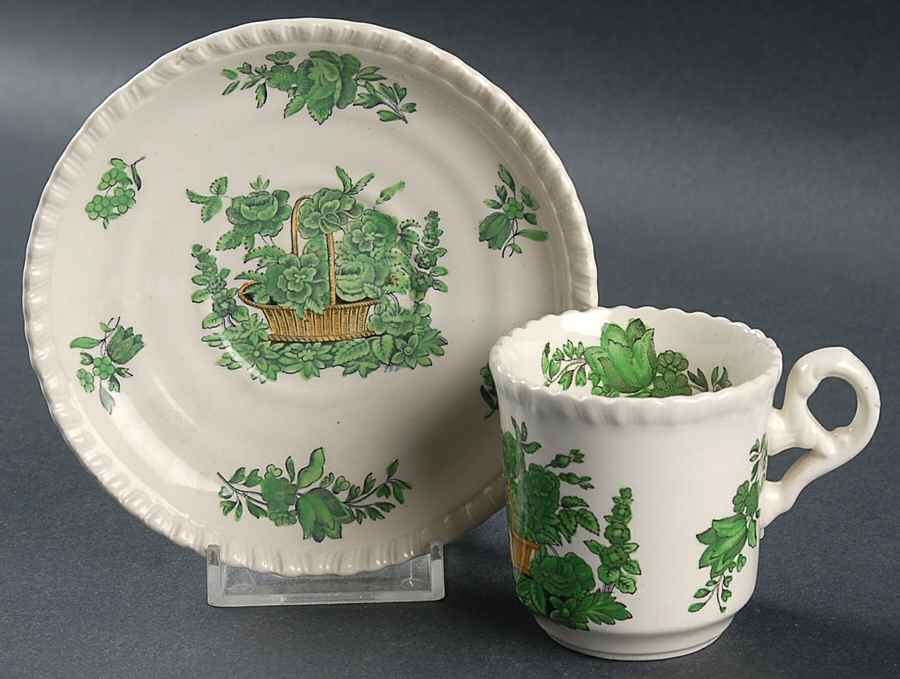 Green Basket (Earthenware, Gadroon, Not Trim) Flat Demitasse Cup & Saucer Set by Spode-1