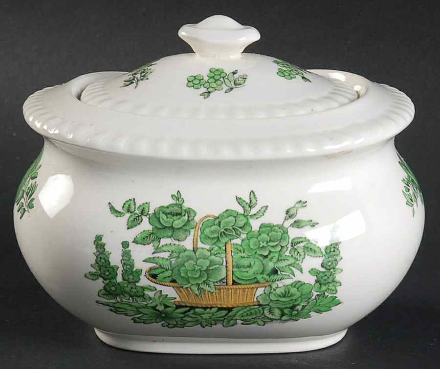 Green Basket (Earthenware, Gadroon, Not Trim) Sugar Bowl & Lid by Spode-1
