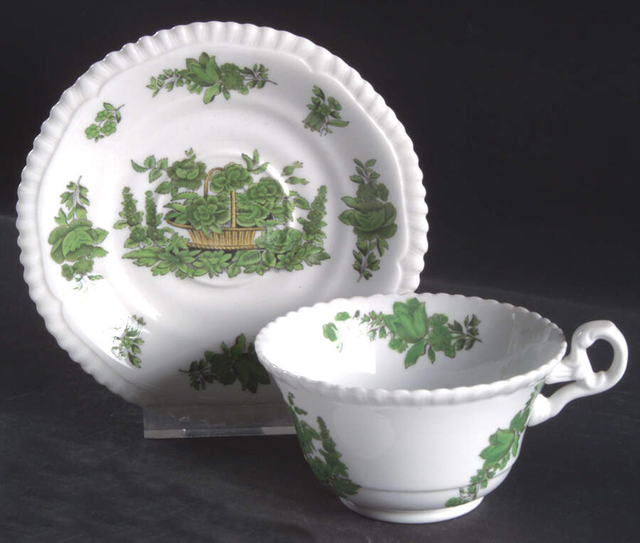 Green Basket (Bone, Gadroon, No Trim) Footed Cup & Saucer Set by Spode-1