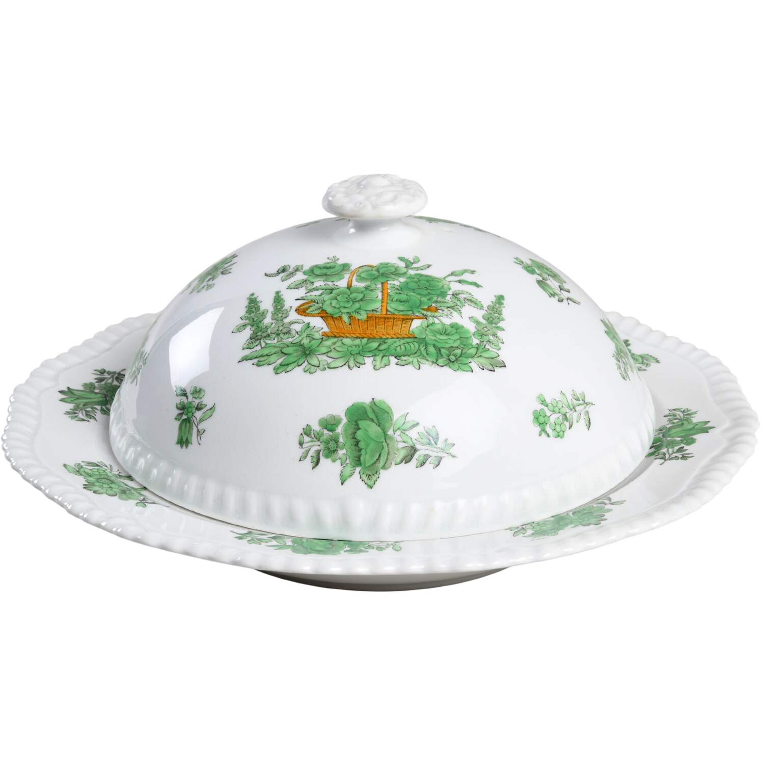Green Basket (Bone, Gadroon, No Trim) Muffin Dish & Lid by Spode-1