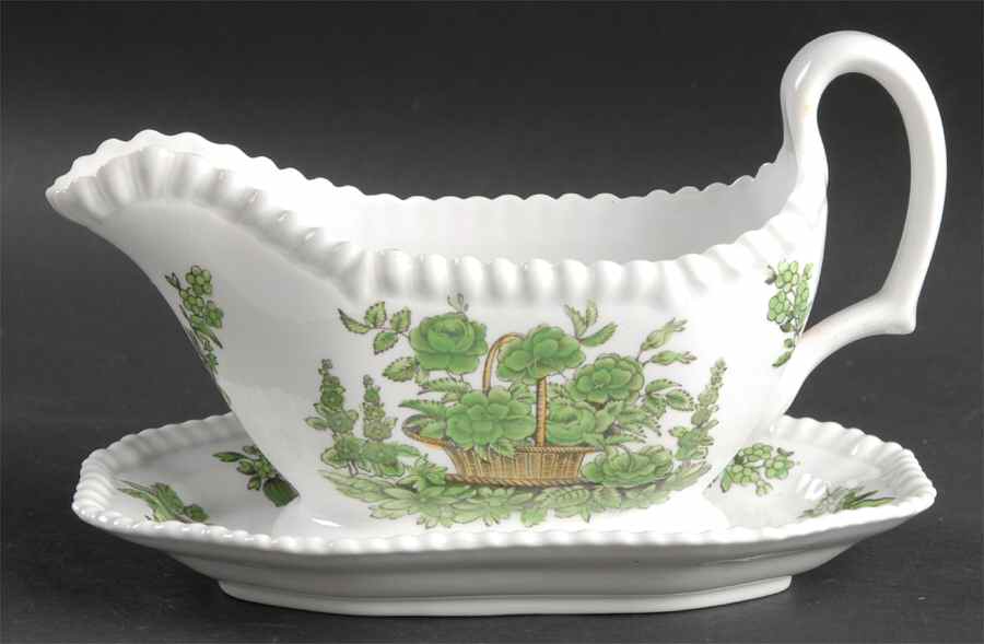 Green Basket (Bone, Gadroon, No Trim) Gravy Boat with Attached Underplate by Spode-1
