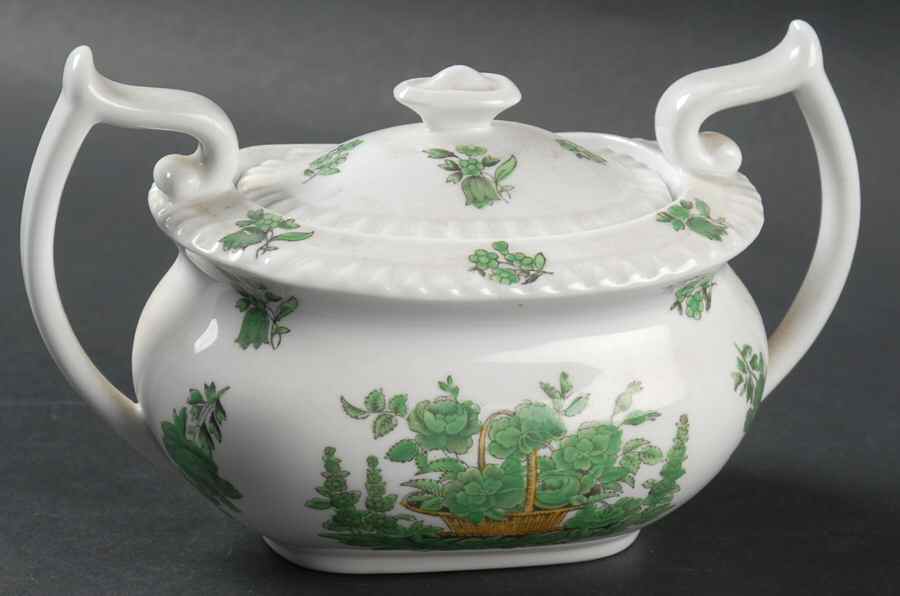 Green Basket (Bone, Gadroon, No Trim) Sugar Bowl & Lid by Spode-1