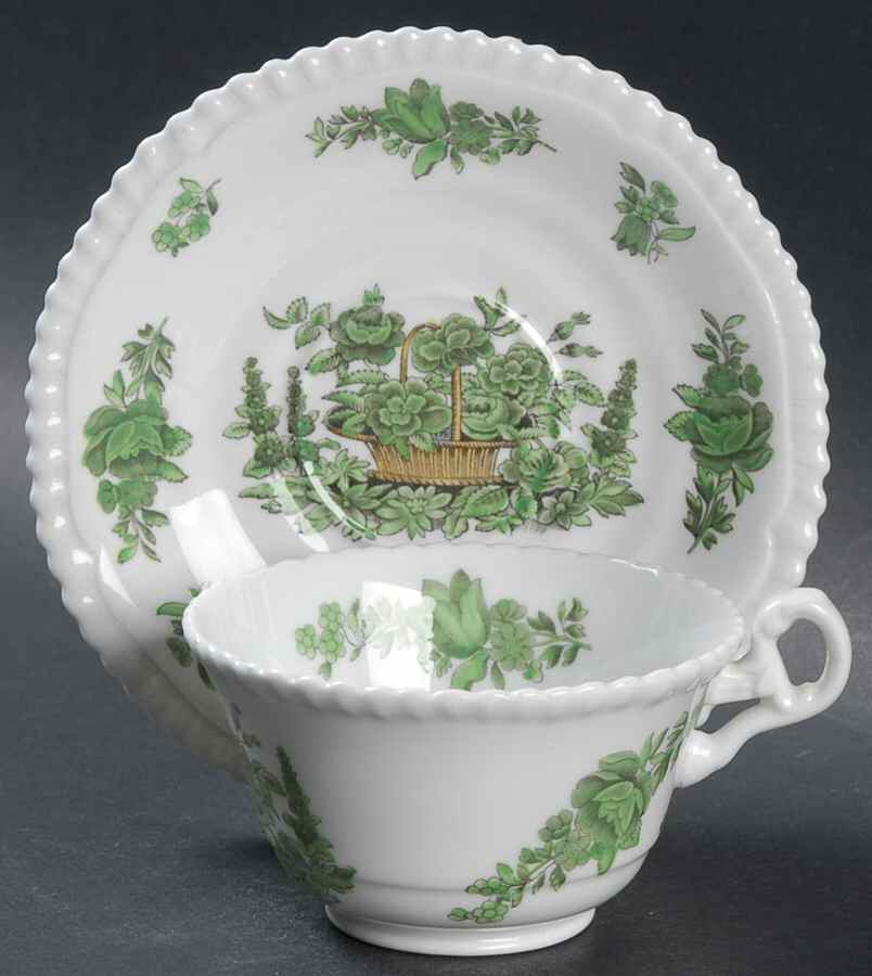 Green Basket (Bone, Gadroon, No Trim) Flat Cup & Saucer Set by Spode-1