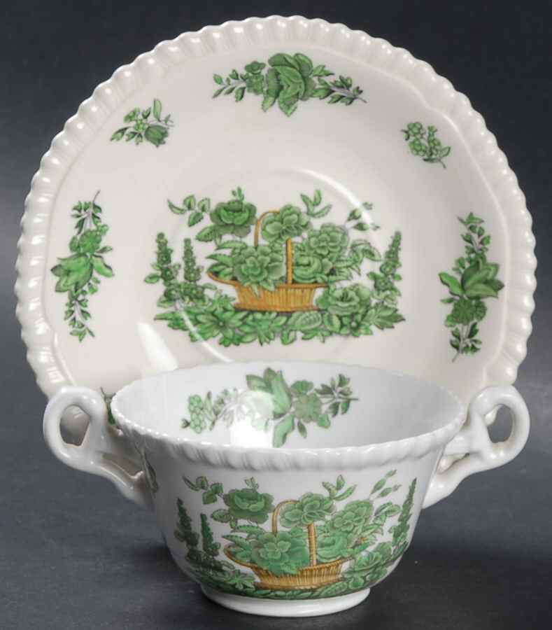 Green Basket (Bone, Gadroon, No Trim) Footed Bouillon Cup & Saucer by Spode-1