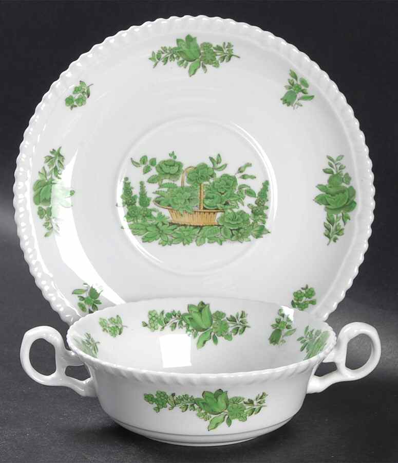 Green Basket (Bone, Gadroon, No Trim) Flat Cream Soup Bowl & Saucer Set by Spode-1