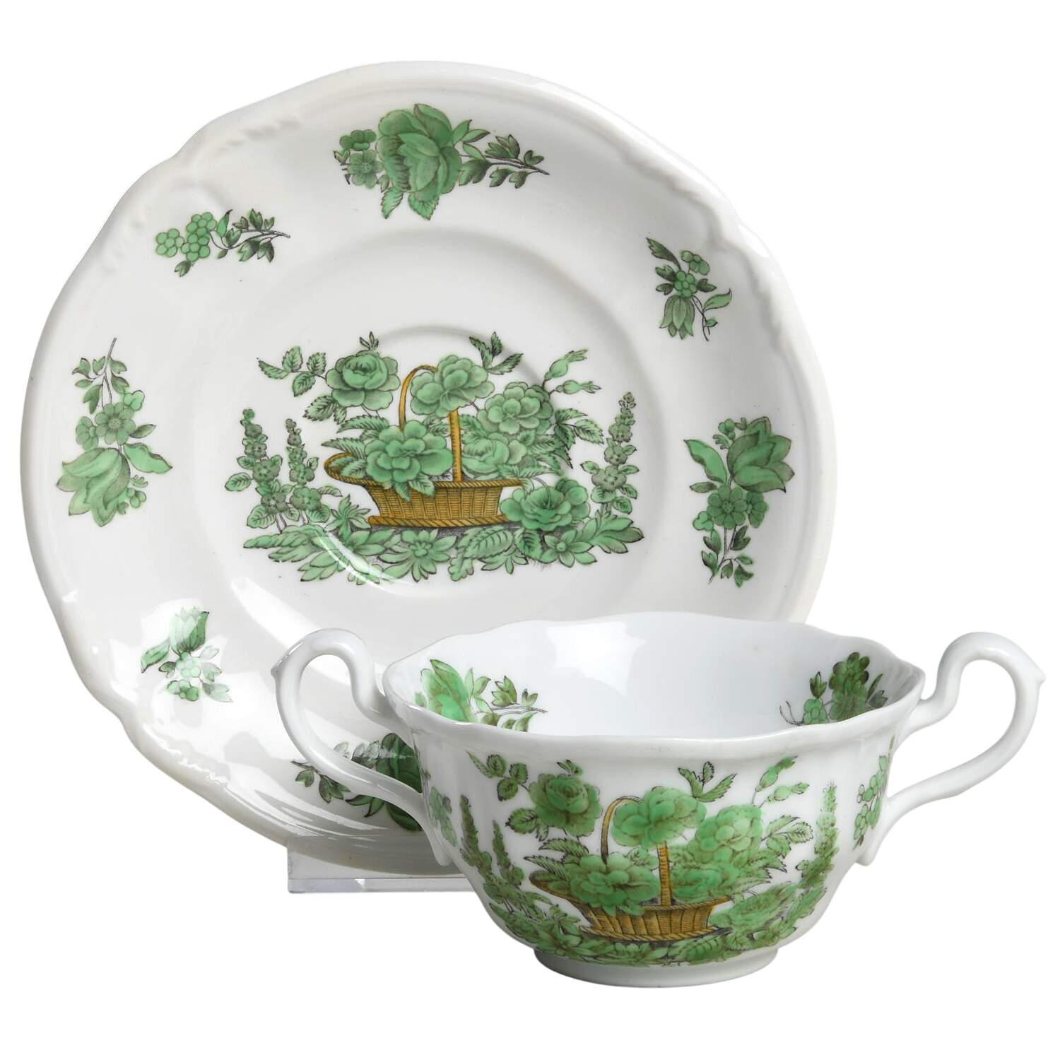 Green Basket (Stafford, No Trim) Footed Bouillon Cup & Saucer by Spode-1