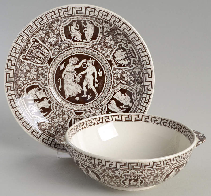 Greek Brown Flat Cream Soup Bowl & Saucer Set by Spode-1