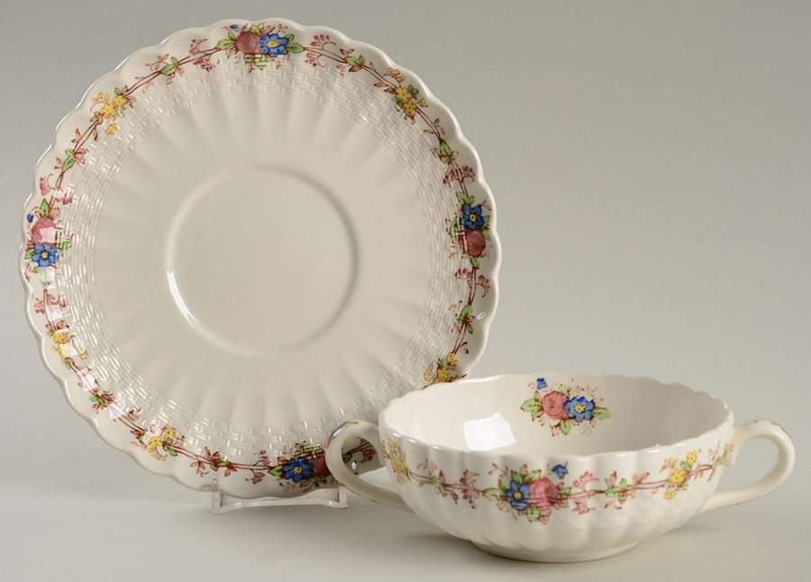 Hazel Dell Off White Flat Cream Soup Bowl & Saucer Set by Spode-1