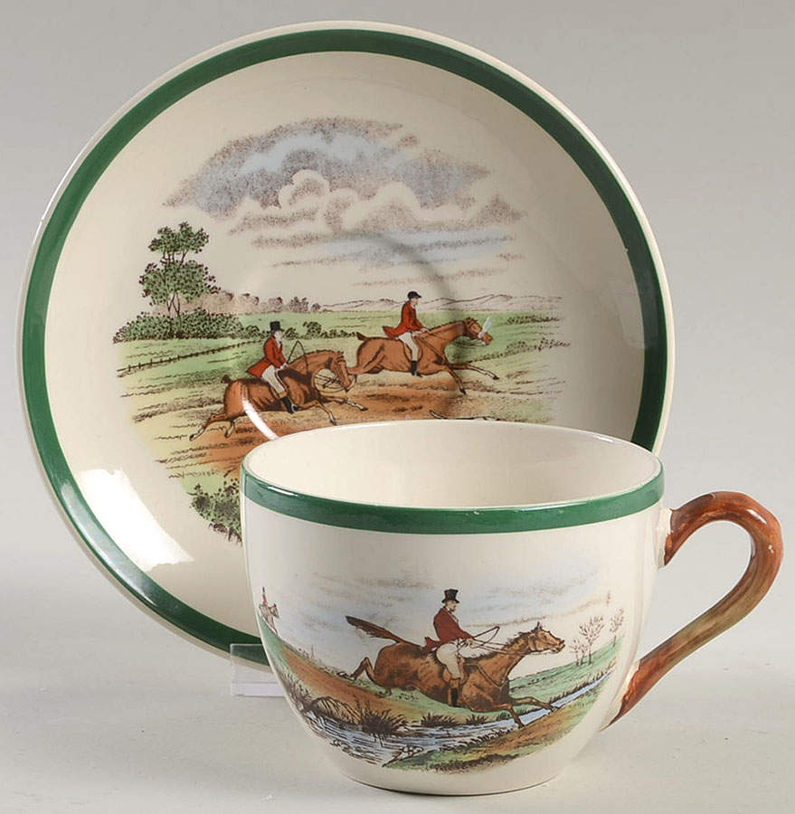 Herring Hunt, The Hunt (Green, Scalloped) Flat Cup & Saucer Set by Spode-1