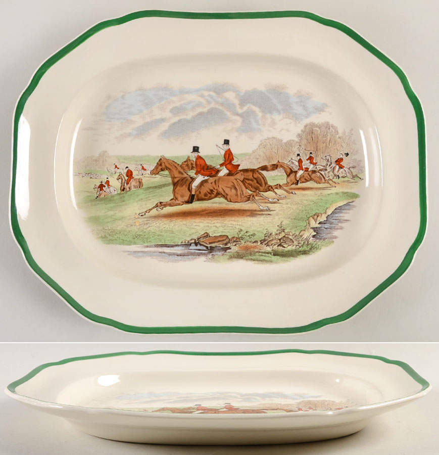 Herring Hunt, The Hunt (Green, Scalloped) 14" Oval Serving Platter by Spode-1