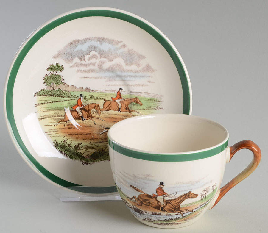 Herring Hunt, The Hunt (Green, Scalloped) Flat Cup & Saucer Set by Spode-1