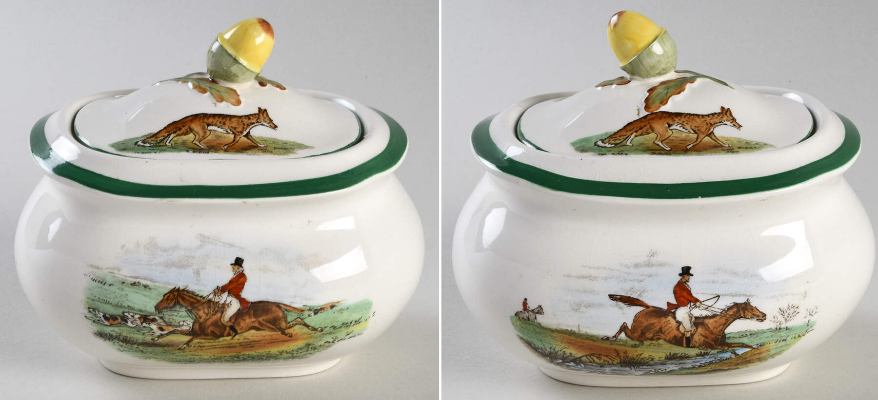 Herring Hunt, The Hunt (Green, Scalloped) Sugar Bowl & Lid by Spode-1