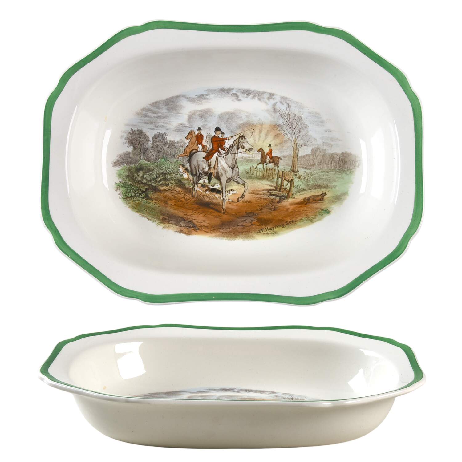 Herring Hunt, The Hunt (Green, Scalloped) 10" Oval Vegetable Bowl by Spode-1