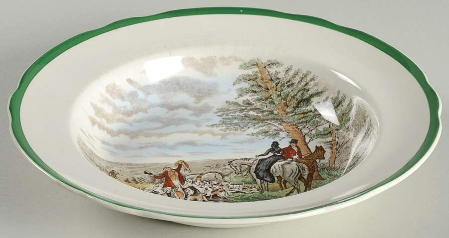 Herring Hunt, The Hunt (Green, Scalloped) Large Rim Soup Bowl by Spode-1