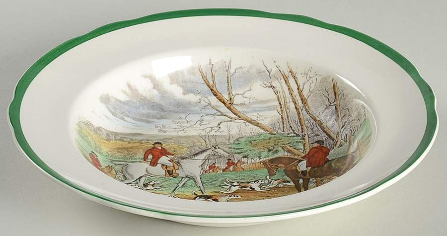 Herring Hunt, The Hunt (Green, Scalloped) Large Rim Soup Bowl by Spode-1